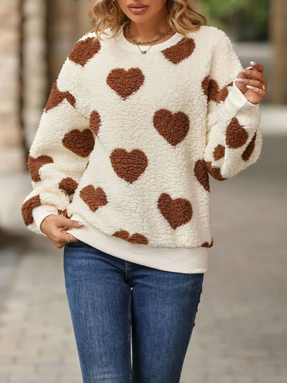 Fleece Heart Print Long Sleeve Round Neck Pullover Sweatshirt