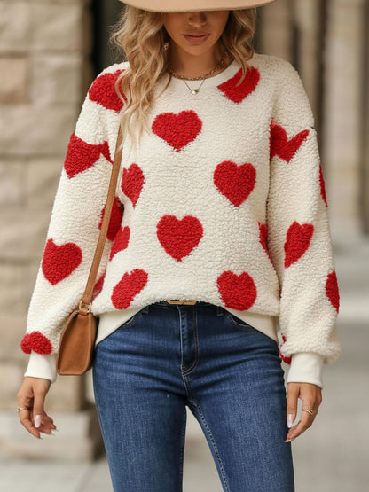 Fleece Heart Print Long Sleeve Round Neck Pullover Sweatshirt