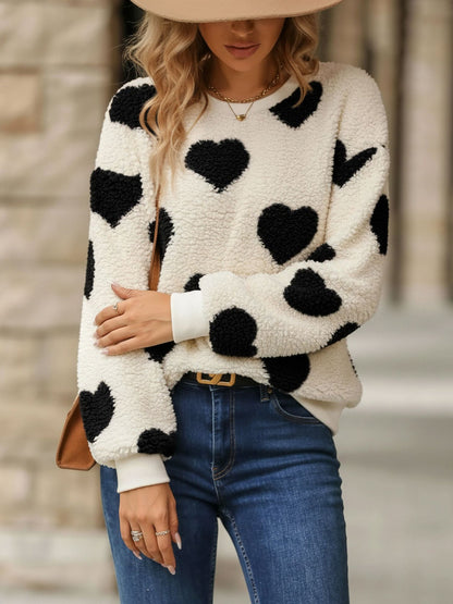 Fleece Heart Print Long Sleeve Round Neck Pullover Sweatshirt