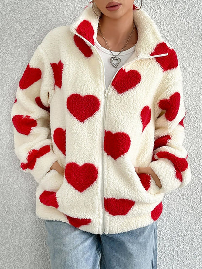 Plush Heart Print Loose Long Sleeve Zipper Jacket