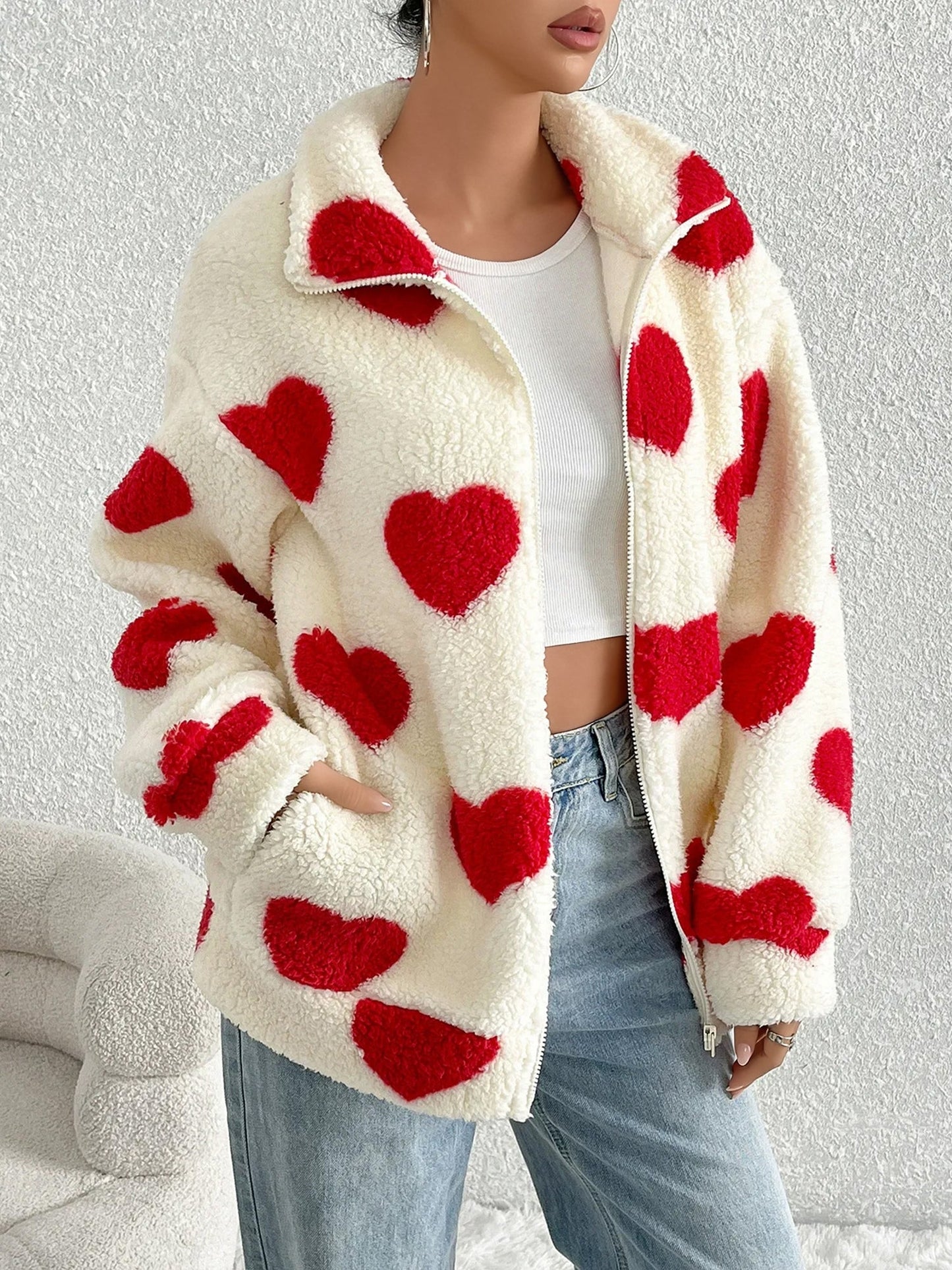 Plush Heart Print Loose Long Sleeve Zipper Jacket