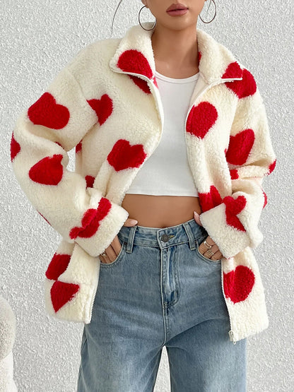Plush Heart Print Loose Long Sleeve Zipper Jacket