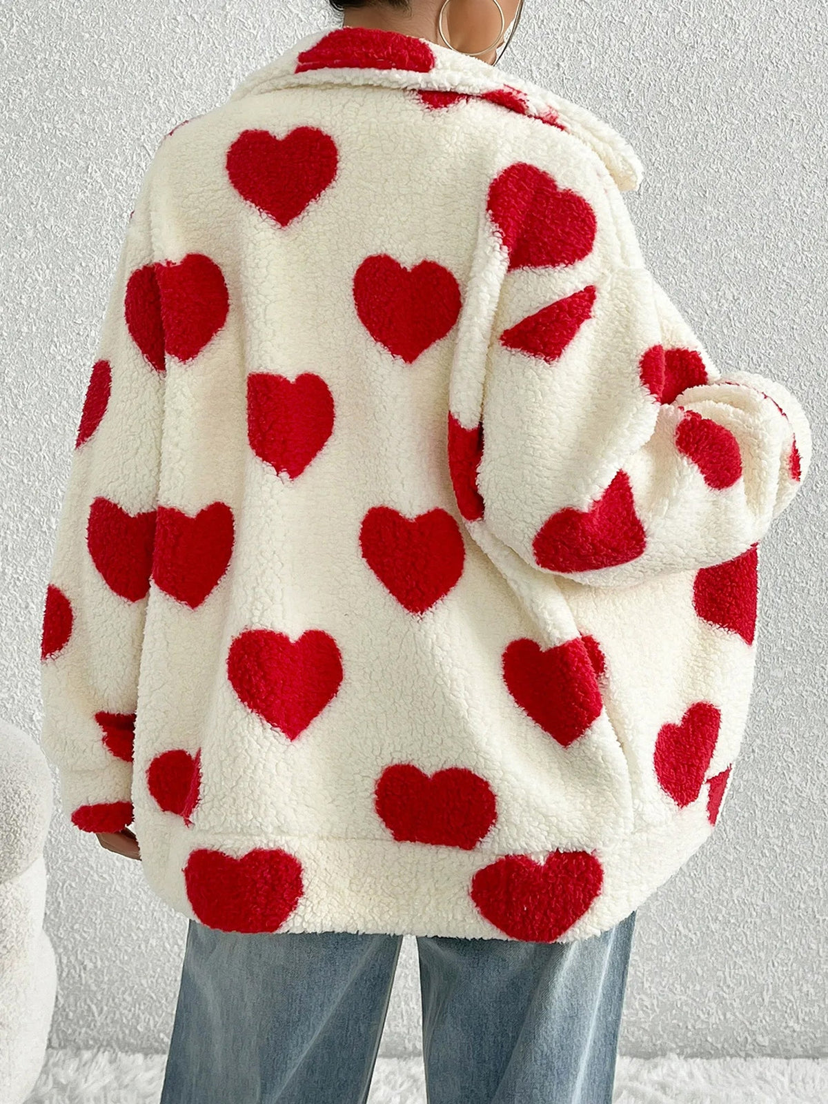 Plush Heart Print Loose Long Sleeve Zipper Jacket