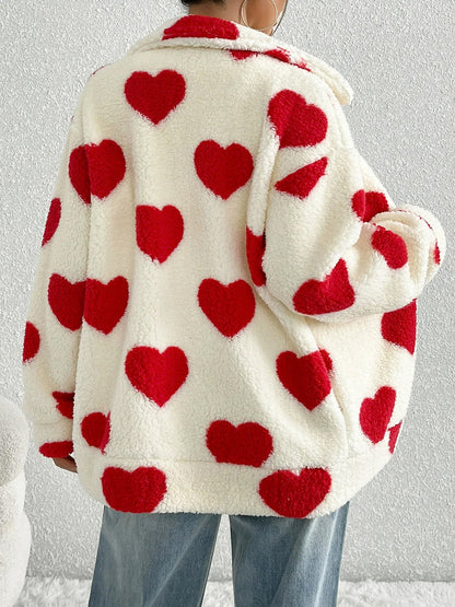 Plush Heart Print Loose Long Sleeve Zipper Jacket