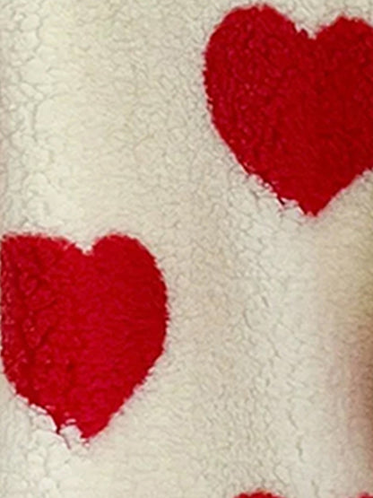 Plush Heart Print Loose Long Sleeve Zipper Jacket