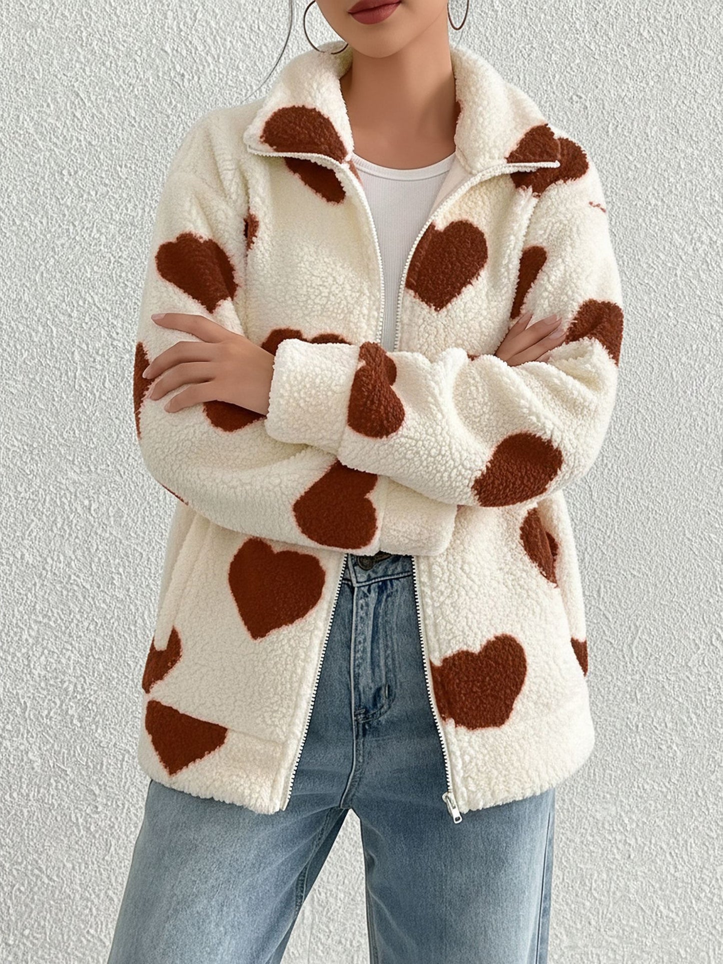 Plush Heart Print Loose Long Sleeve Zipper Jacket
