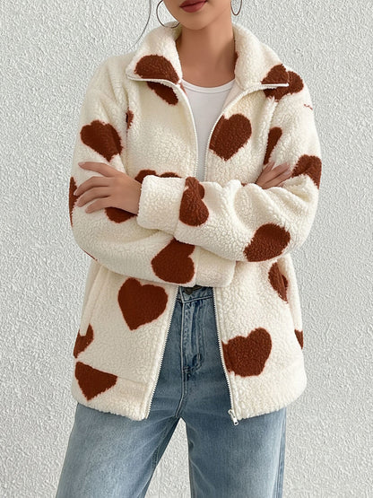 Plush Heart Print Loose Long Sleeve Zipper Jacket