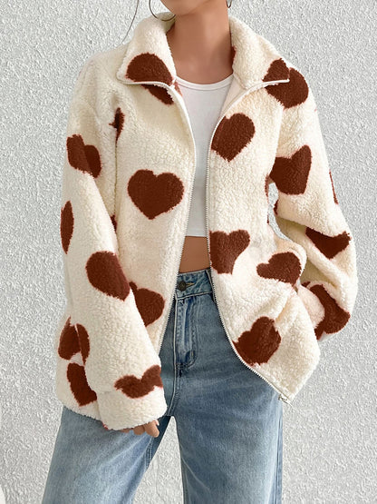 Plush Heart Print Loose Long Sleeve Zipper Jacket