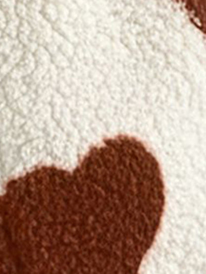 Plush Heart Print Loose Long Sleeve Zipper Jacket