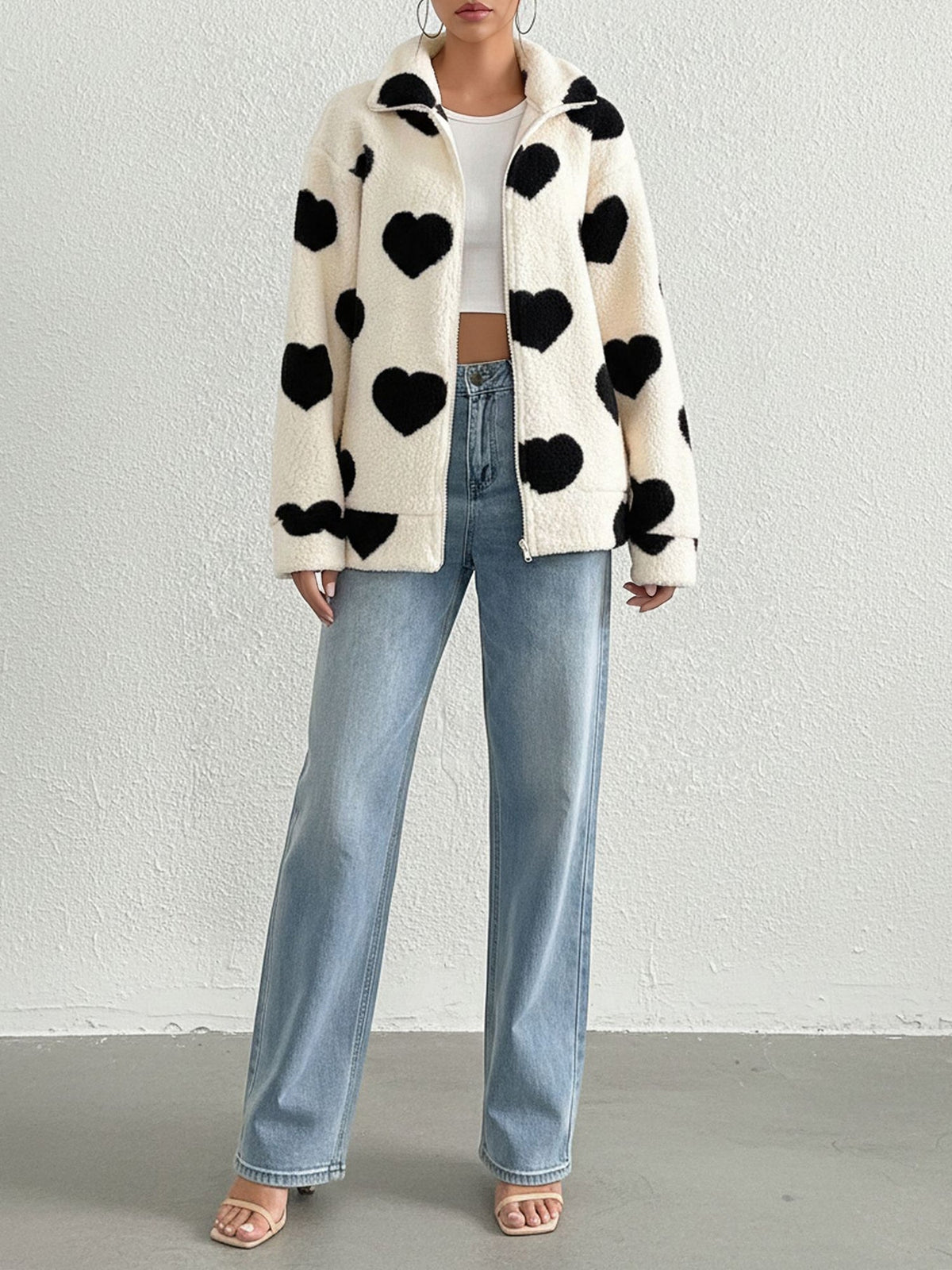 Plush Heart Print Loose Long Sleeve Zipper Jacket