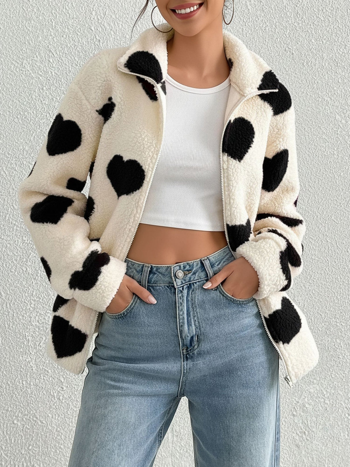Plush Heart Print Loose Long Sleeve Zipper Jacket