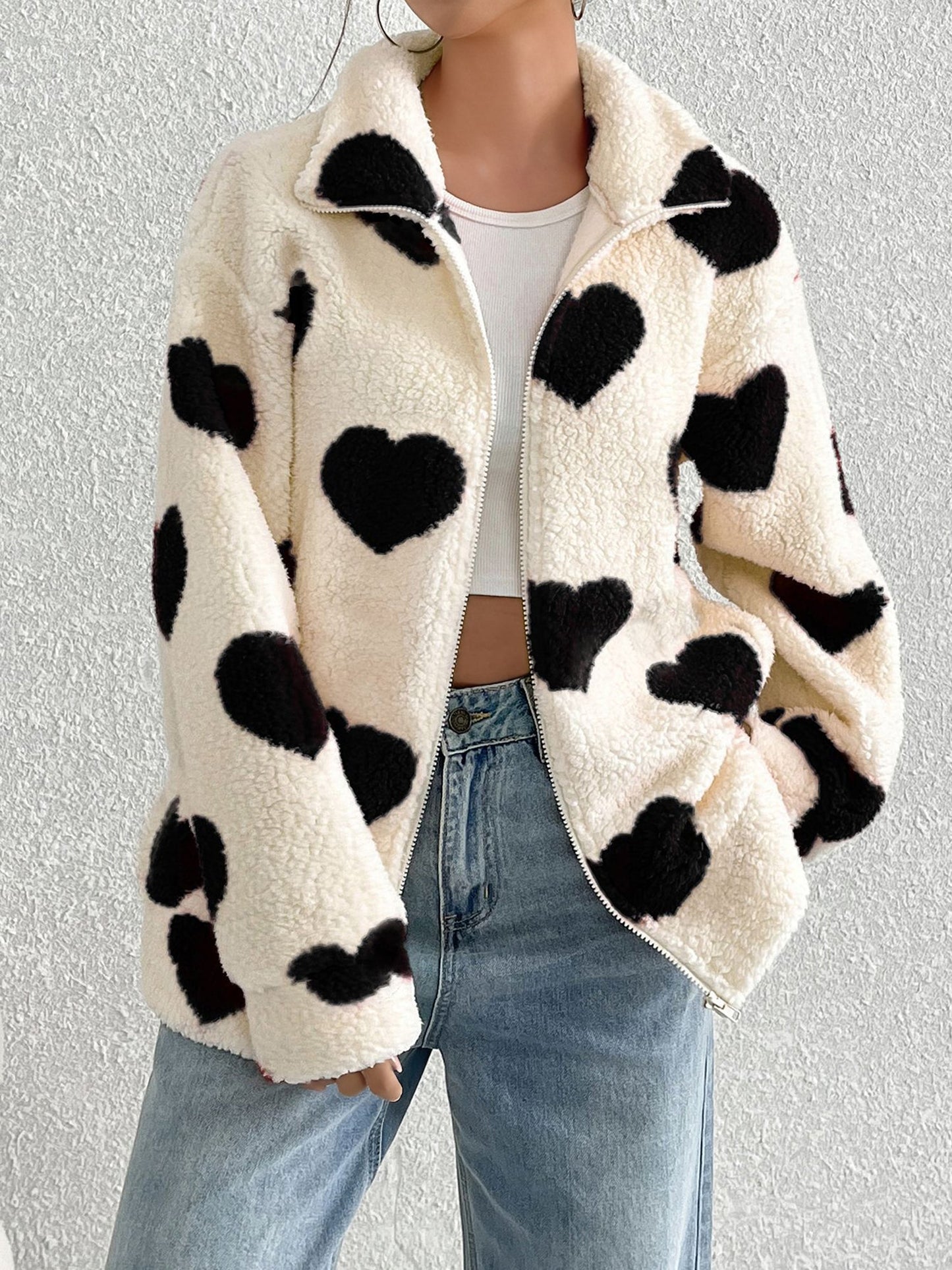 Plush Heart Print Loose Long Sleeve Zipper Jacket