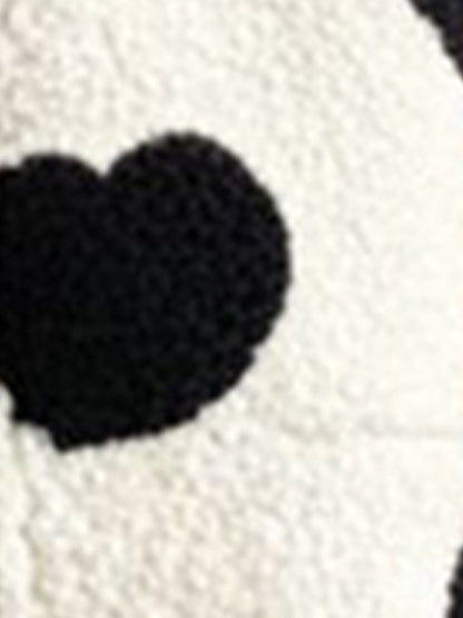 Plush Heart Print Loose Long Sleeve Zipper Jacket