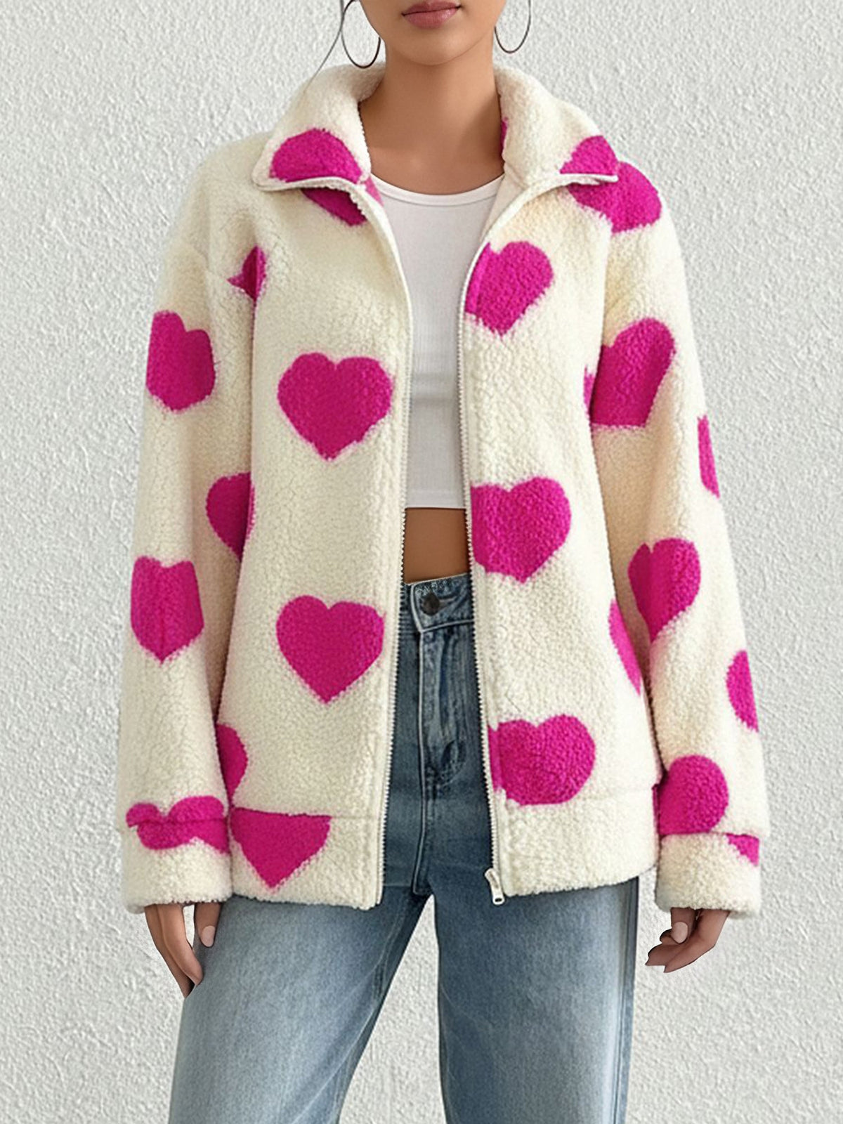 Plush Heart Print Loose Long Sleeve Zipper Jacket