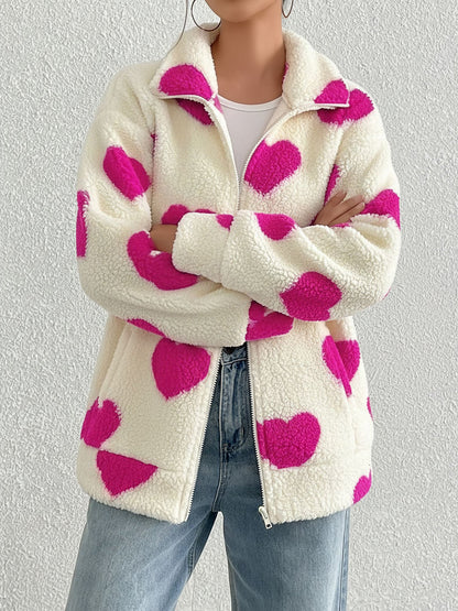 Plush Heart Print Loose Long Sleeve Zipper Jacket
