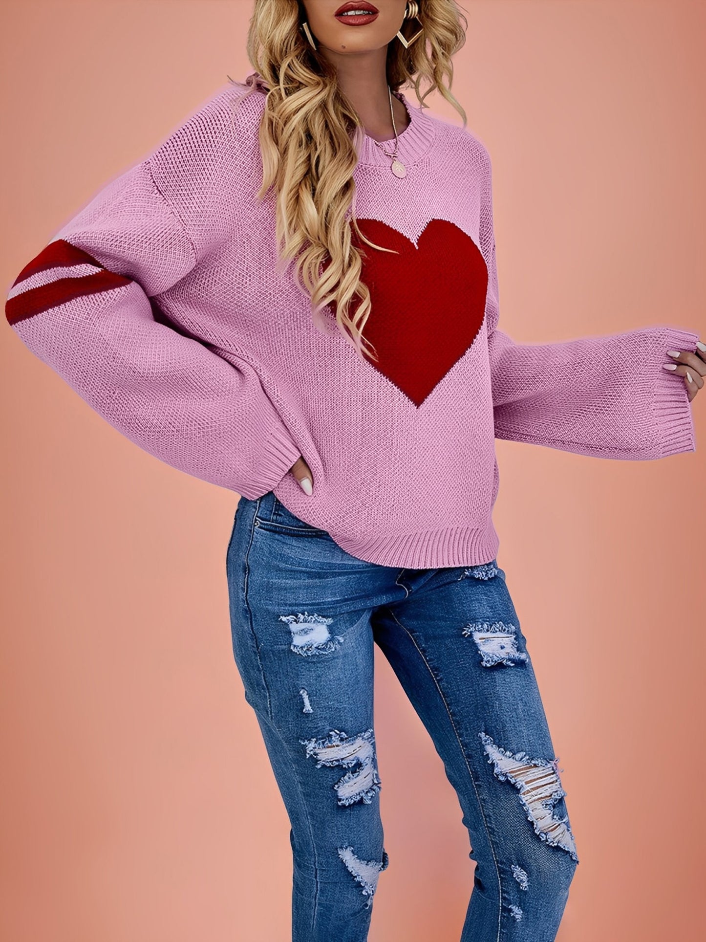 Color Blocked Heart Pattern Round Neck Knited Sweater