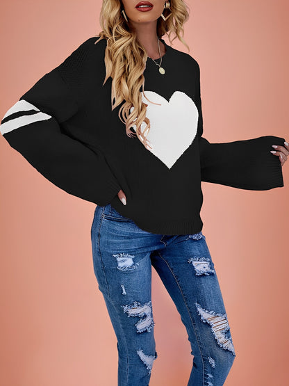 Color Blocked Heart Pattern Round Neck Knited Sweater