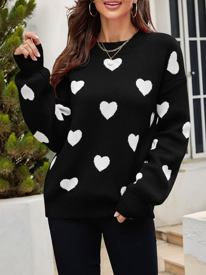 Crew Neck Heart Pattern Pullover Knitted Sweater