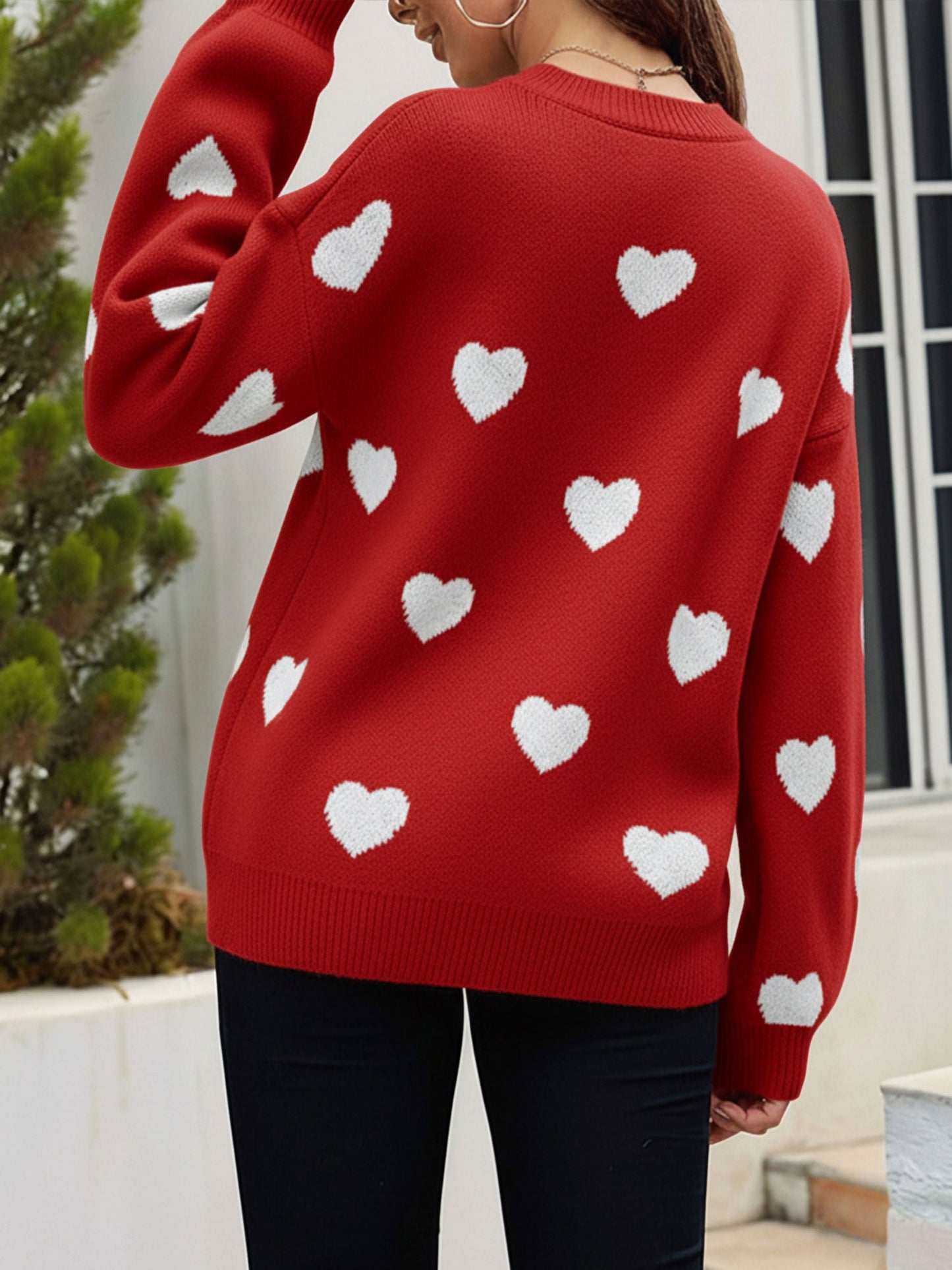 Crew Neck Heart Pattern Pullover Knitted Sweater