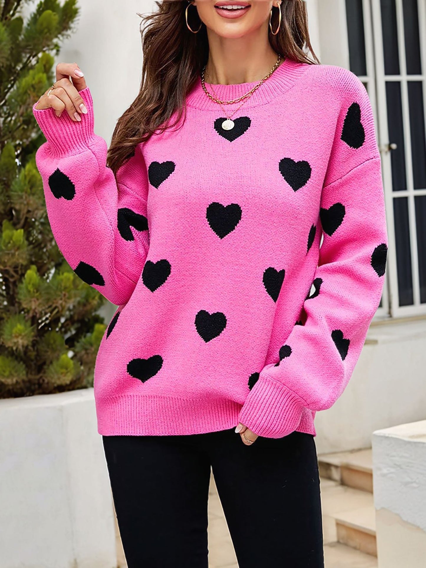 Crew Neck Heart Pattern Pullover Knitted Sweater