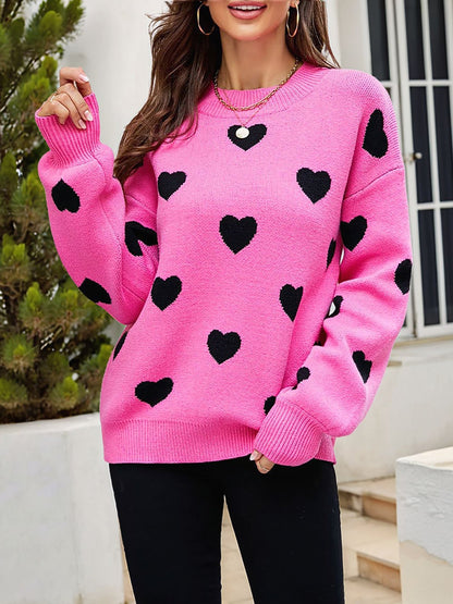 Crew Neck Heart Pattern Pullover Knitted Sweater