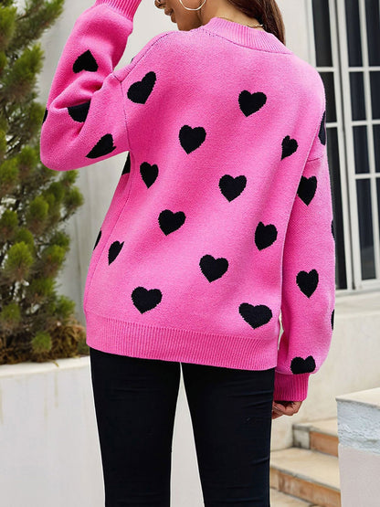 Crew Neck Heart Pattern Pullover Knitted Sweater