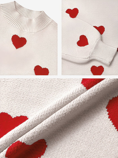 Crew Neck Heart Pattern Pullover Knitted Sweater
