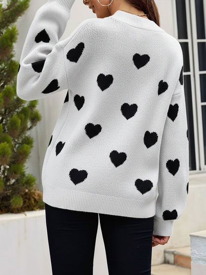 Crew Neck Heart Pattern Pullover Knitted Sweater