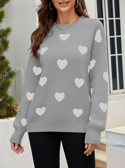 Crew Neck Heart Pattern Pullover Knitted Sweater