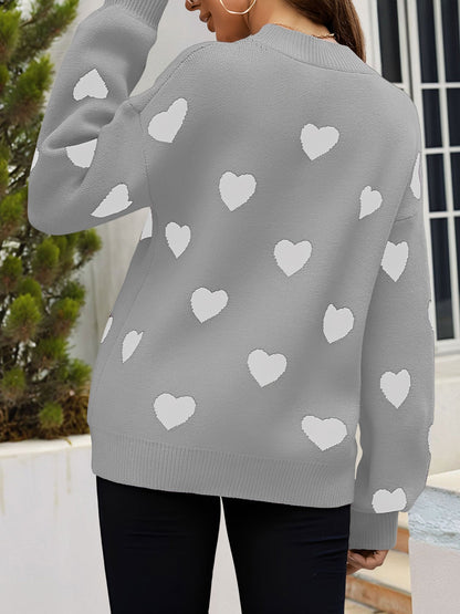 Crew Neck Heart Pattern Pullover Knitted Sweater
