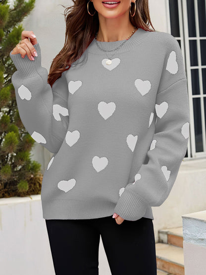 Crew Neck Heart Pattern Pullover Knitted Sweater
