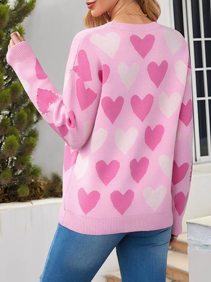 Crew Neck Beaded Heart-Shaped Pullover Knitted Sweater