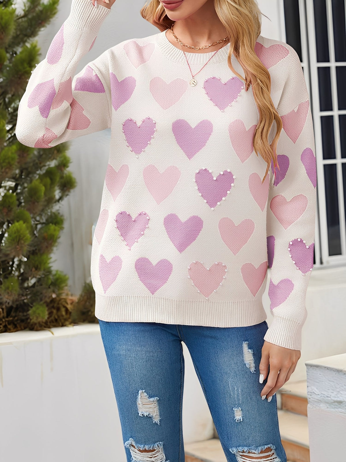Crew Neck Beaded Heart-Shaped Pullover Knitted Sweater