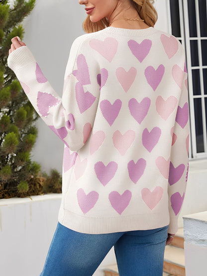 Crew Neck Beaded Heart-Shaped Pullover Knitted Sweater