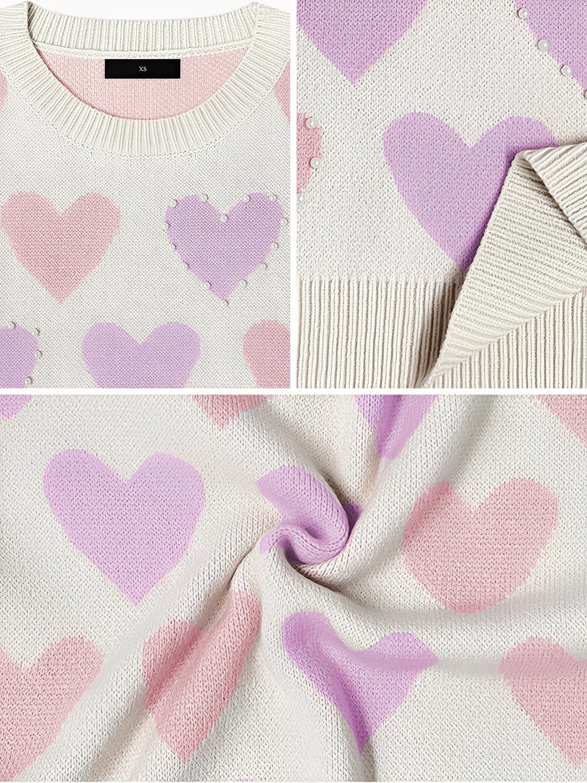 Crew Neck Beaded Heart-Shaped Pullover Knitted Sweater