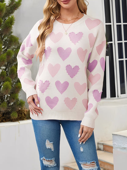Crew Neck Beaded Heart-Shaped Pullover Knitted Sweater