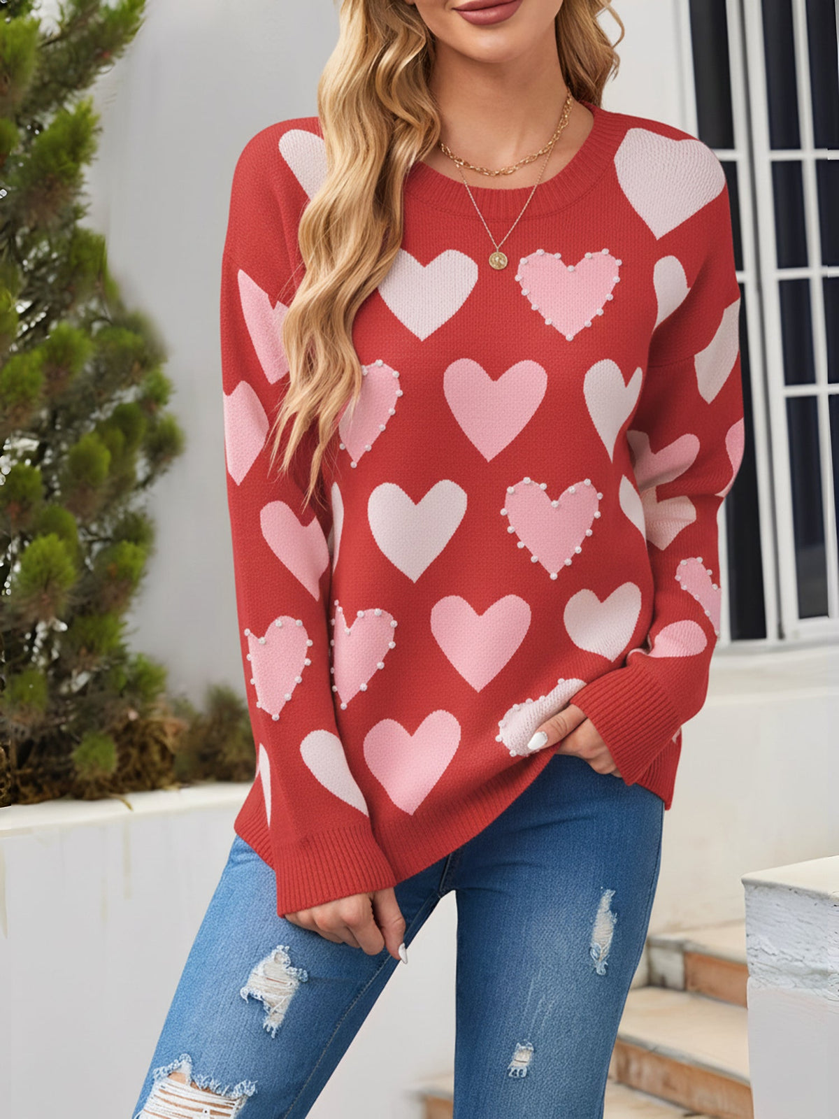 Crew Neck Beaded Heart-Shaped Pullover Knitted Sweater