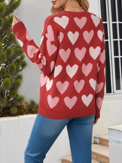 Crew Neck Beaded Heart-Shaped Pullover Knitted Sweater