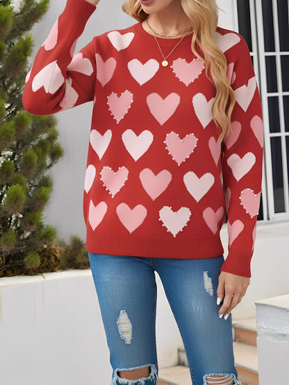 Crew Neck Beaded Heart-Shaped Pullover Knitted Sweater