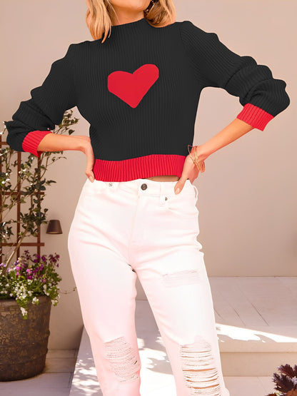Mock Neck Love Heart Pullover Knitted Sweater