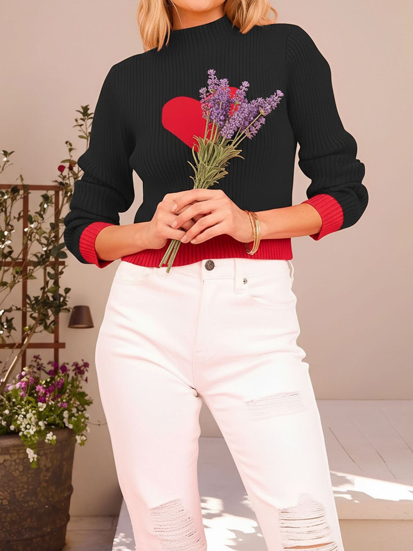 Mock Neck Love Heart Pullover Knitted Sweater