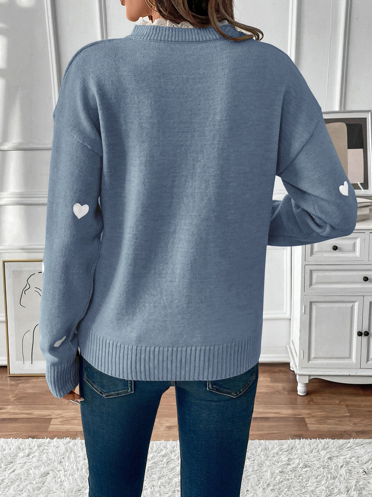 Notch Neck Lace Patchwork Heart Pullover Sweater