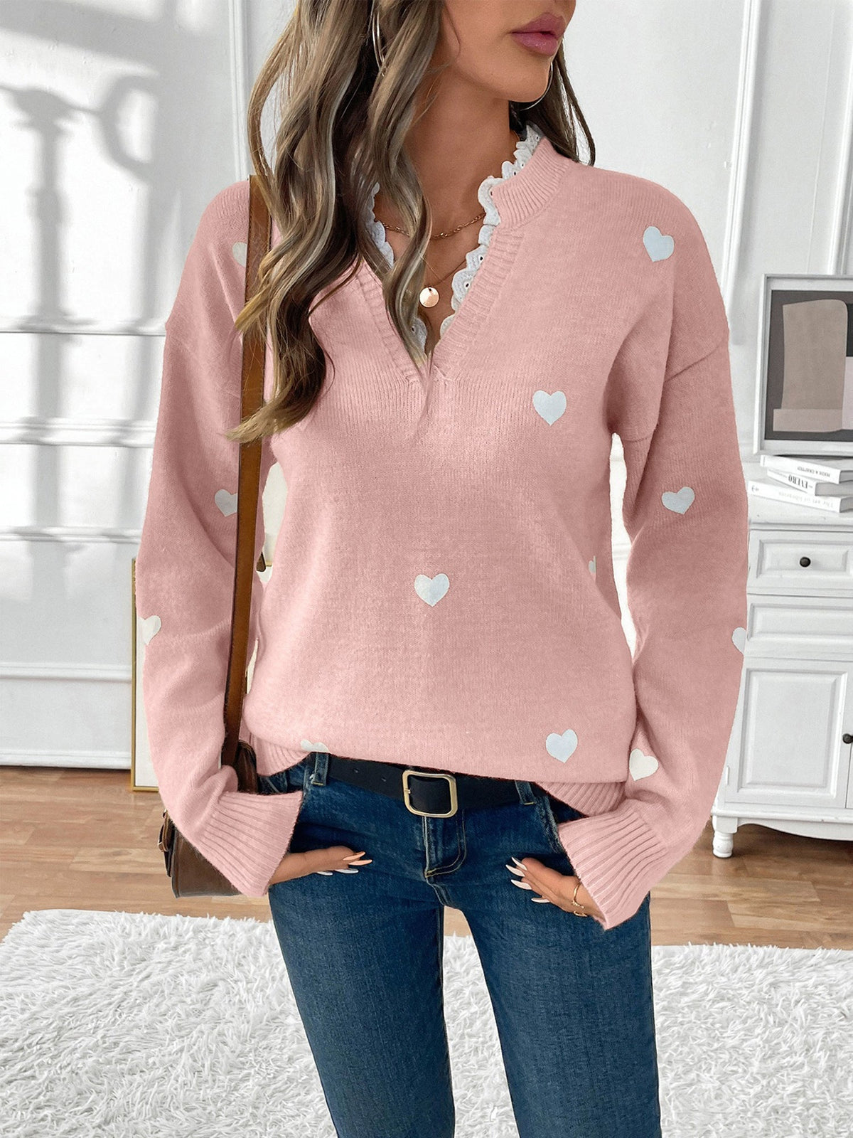 Notch Neck Lace Patchwork Heart Pullover Sweater