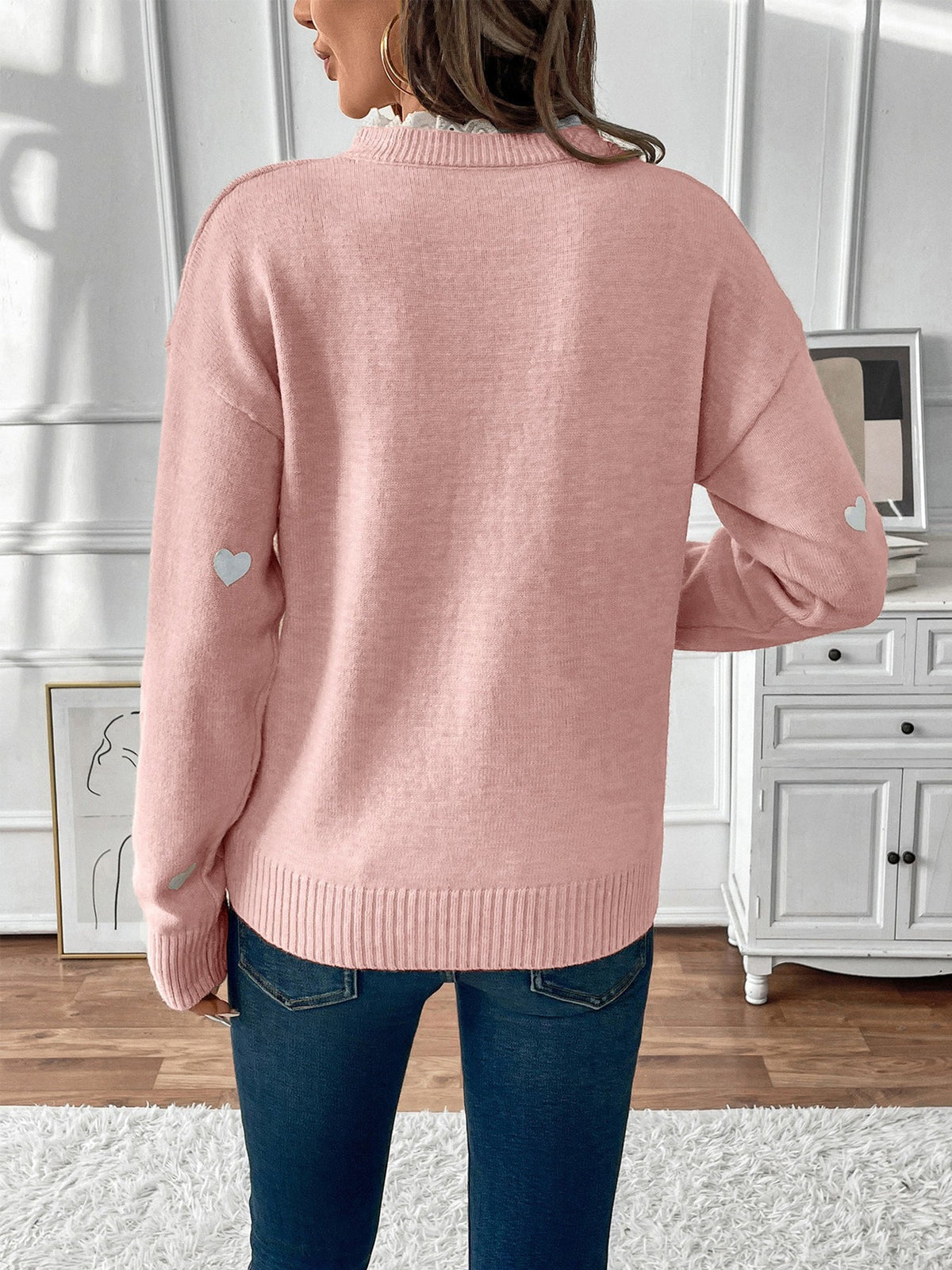 Notch Neck Lace Patchwork Heart Pullover Sweater