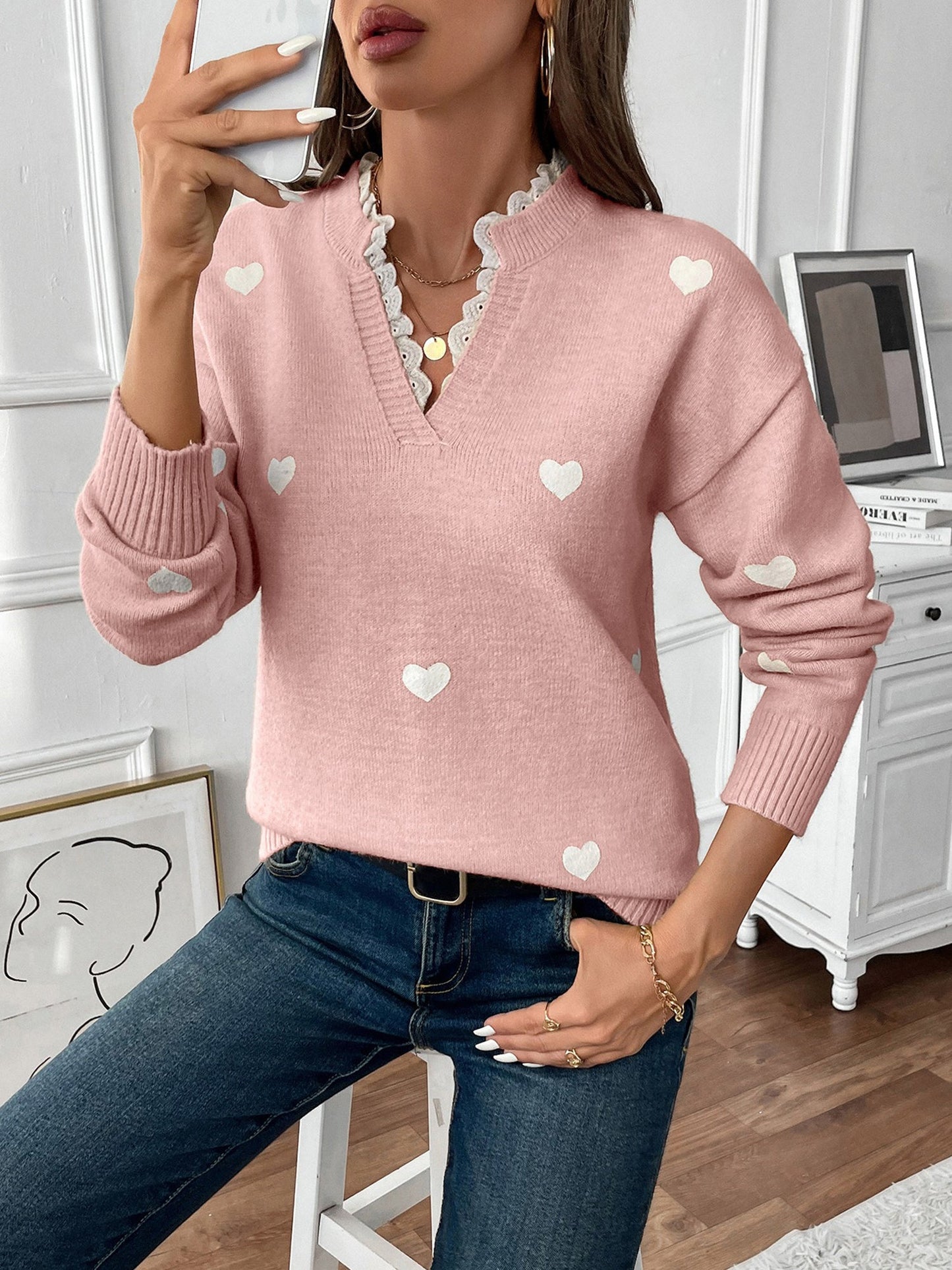 Notch Neck Lace Patchwork Heart Pullover Sweater