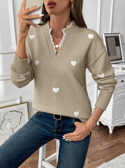 Notch Neck Lace Patchwork Heart Pullover Sweater