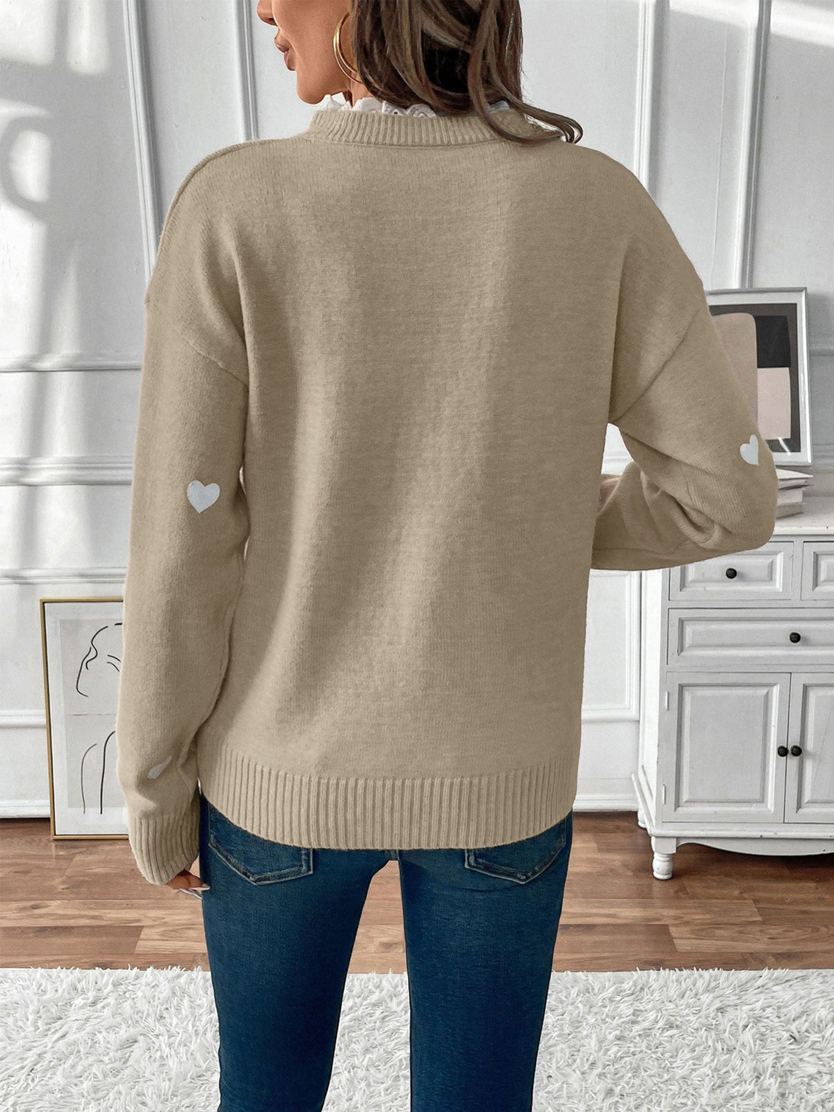 Notch Neck Lace Patchwork Heart Pullover Sweater