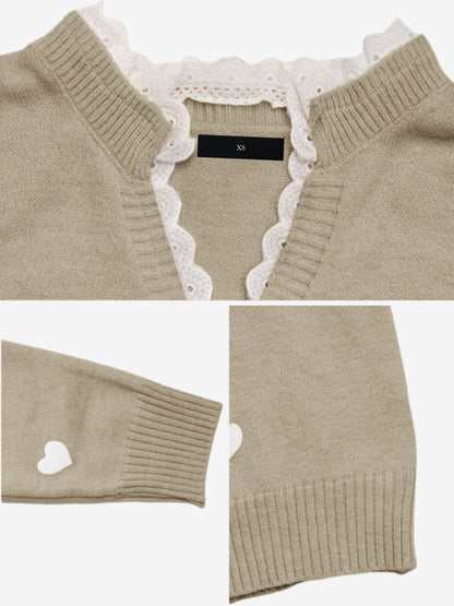 Notch Neck Lace Patchwork Heart Pullover Sweater