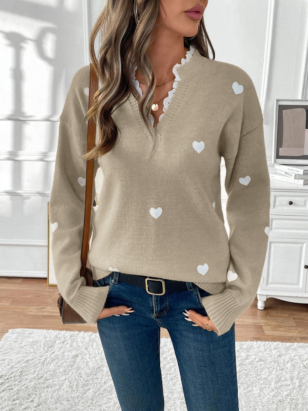Notch Neck Lace Patchwork Heart Pullover Sweater