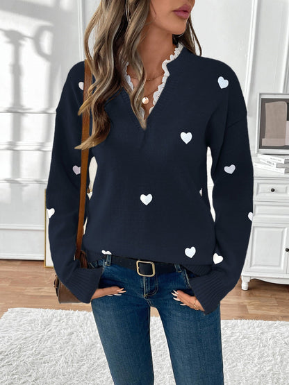 Notch Neck Lace Patchwork Heart Pullover Sweater